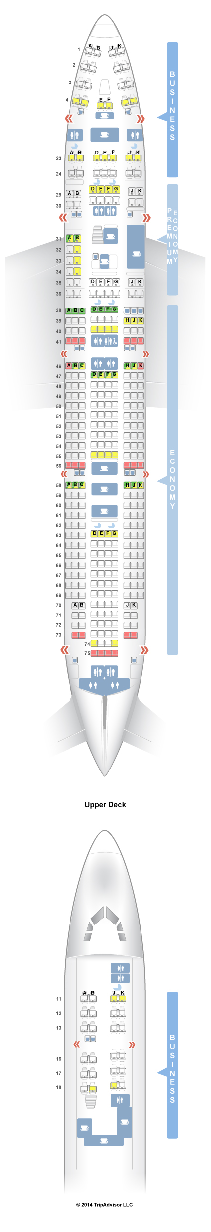 What is the seating plan on a Boeing 744 airplane?